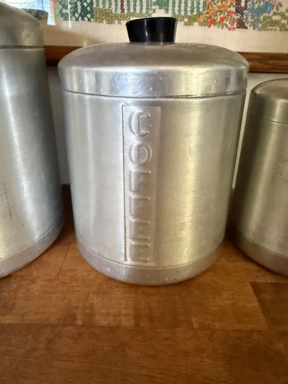 Vintage MCM 70s Aluminum Kitchen Canisters Flour Sugar Coffee Tea Cottage Grandm